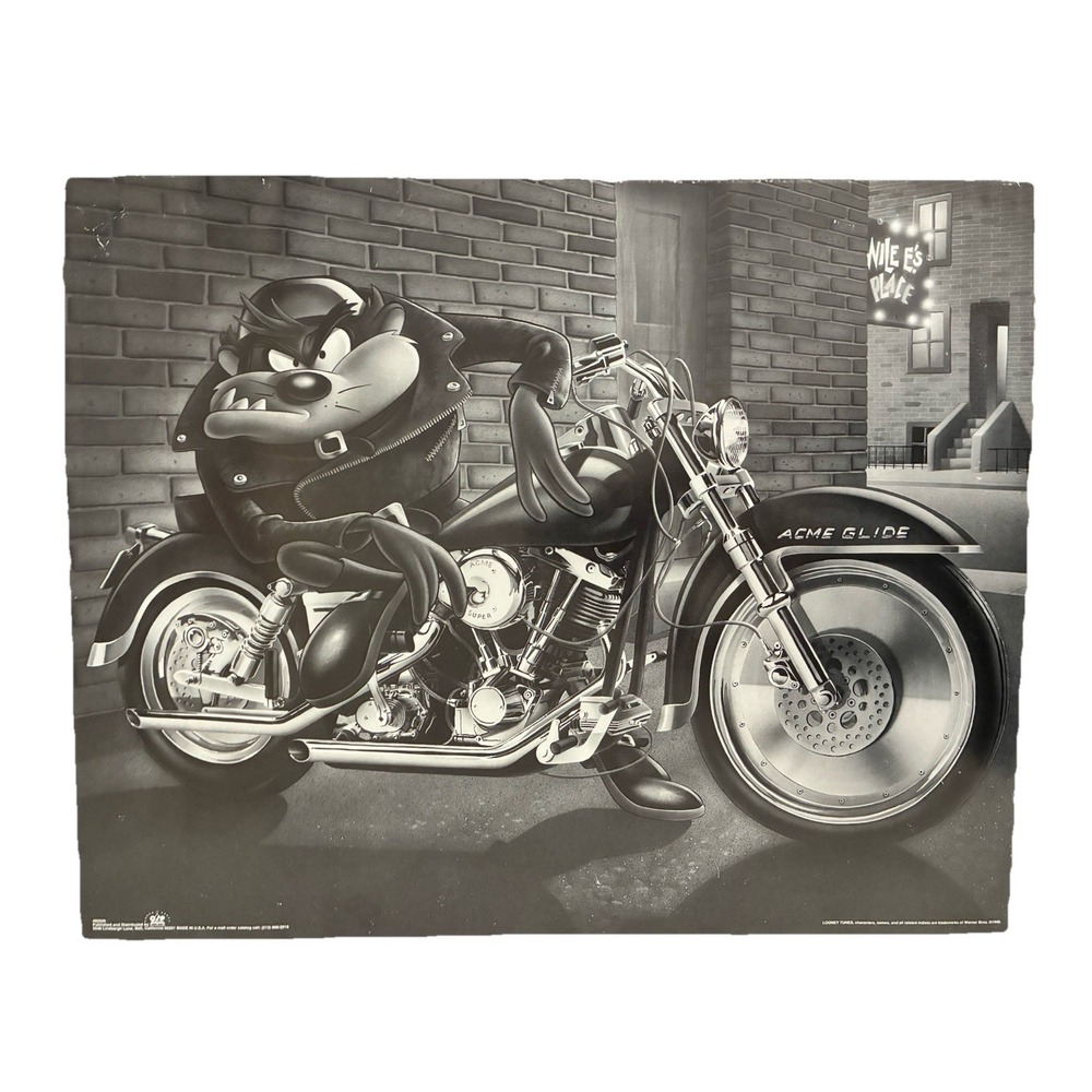 Looney Tunes Poster Taz Motorcycle‎ Wile E.'s Black White 16x20" 1996 Vintage